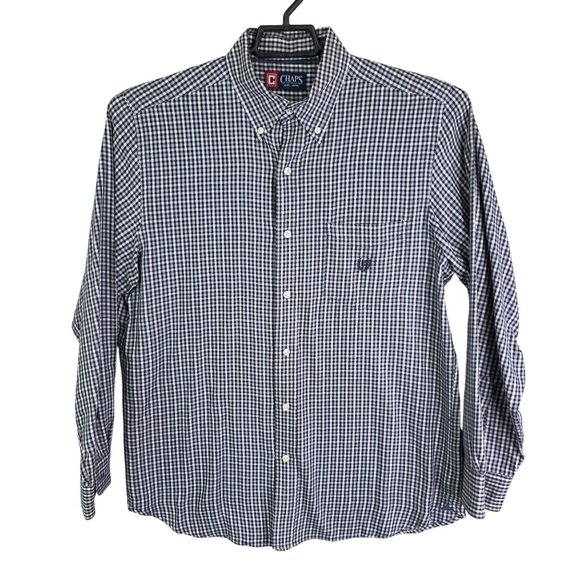 Mens Chaps Navy & White Gingham Check Shirt Button Down Pocket Cotton Blend M - Picture 1 of 9